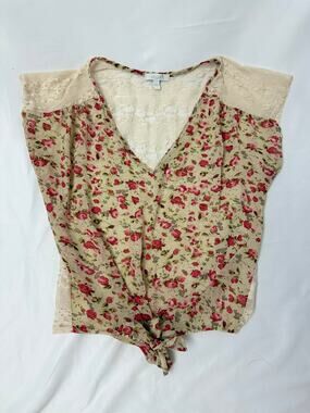Vintage 90s dELiA*s Rose Floral Lace Tie-Front Blouse Large Made USA